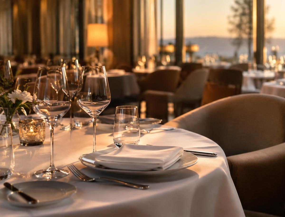 Restaurant table set with wine glasses
