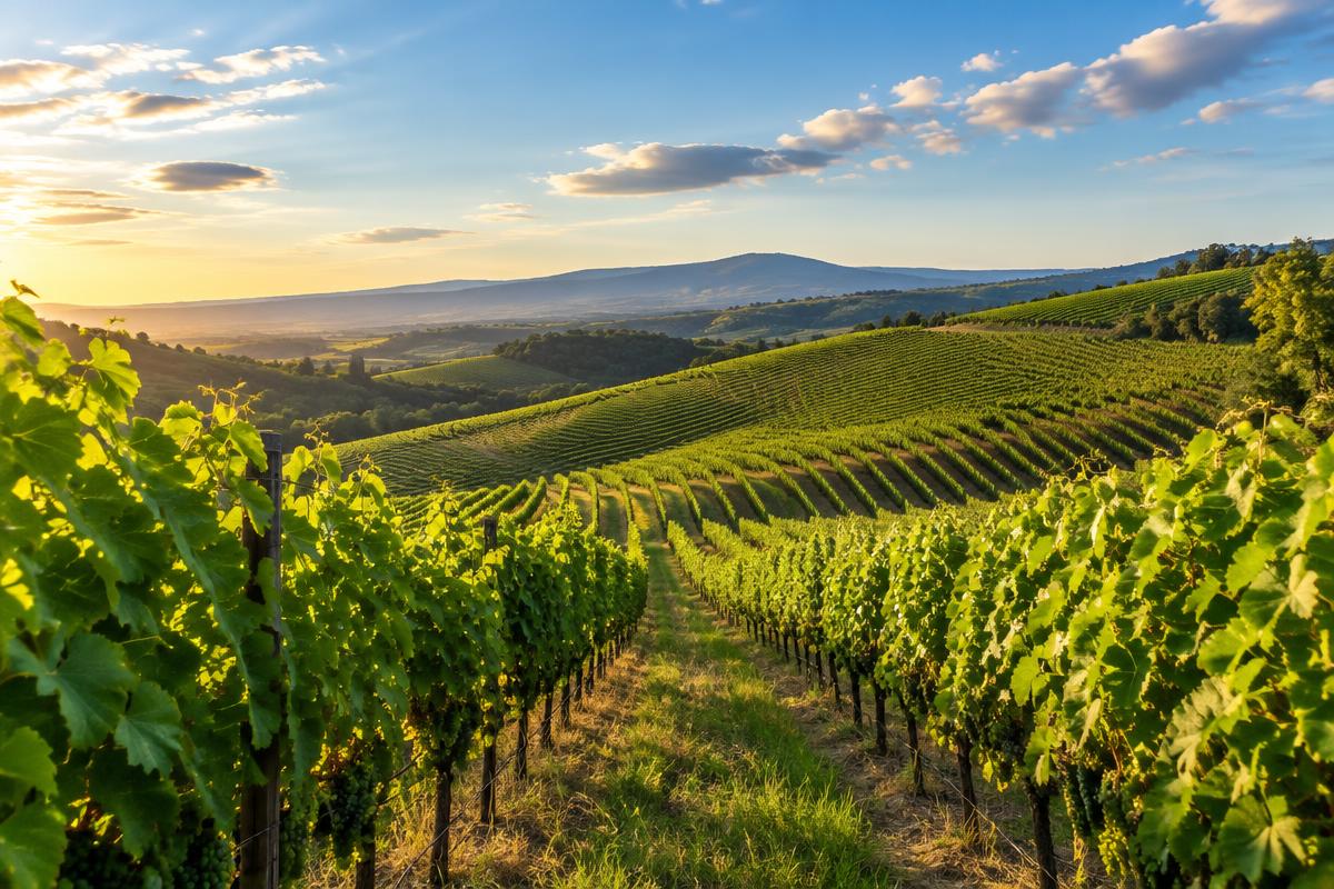Illustrative vineyard landscape in afternoon sunlight