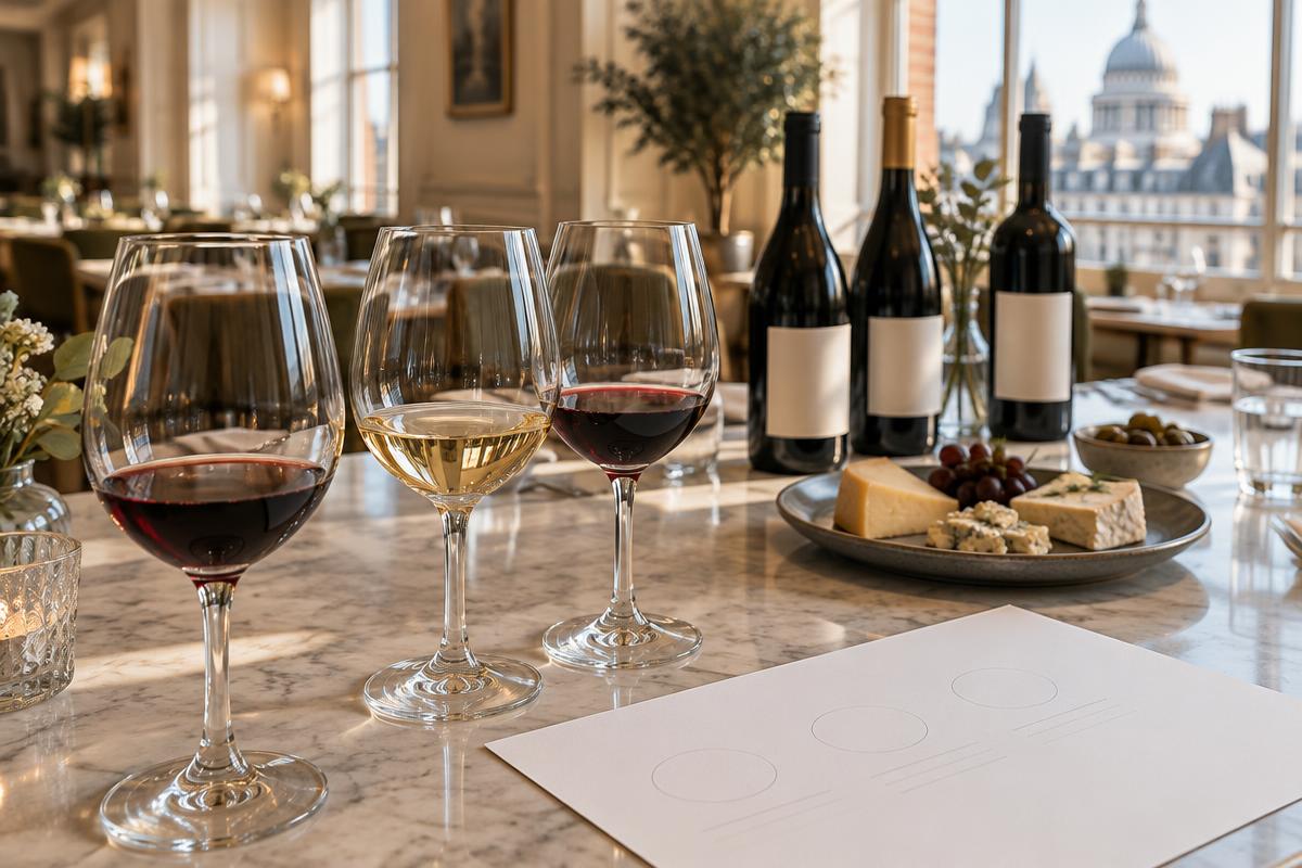 Illustrative wine tasting table with glasses and cheese